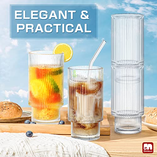 GMISUN Glass Cups with Lids and Straws, Iced Coffee Cups with Lids, Ribbed Glassware, Drinking Glasses with Bamboo Lids, Cocktail Glasses Vintage Glassware 12oz for Cocktail, Gift