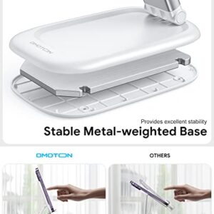 OMOTON Foldable Cell Phone Stand, Fully Portable Phone Stand for Deak Cell Phones Accessories, Height Adjustable Mobile Phone Holder Stand with Charging Hole, Compatible with All Smart Phones, White