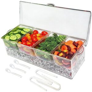 ice chilled 4 compartment condiment server caddy - serving tray container with 4 removable dishes and hinged lid | 3 serving spoons + 3 tongs included