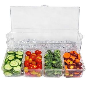 Ice Chilled 4 Compartment Condiment Server Caddy - Serving Tray Container with 4 Removable Dishes and Hinged Lid | 3 Serving Spoons + 3 Tongs Included