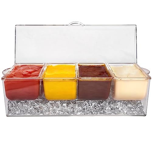 Ice Chilled 4 Compartment Condiment Server Caddy - Serving Tray Container with 4 Removable Dishes and Hinged Lid | 3 Serving Spoons + 3 Tongs Included