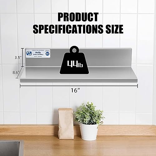 Hally Stainless Steel Wall Shelf 8.6 x 16 Inches 44 lb, NSF Commercial Heavy Duty Wall Mount Floating Shelving for Restaurant, Kitchen, Home, Hotel and Bar, 2 Pack