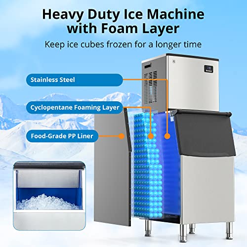 Zstar Commercial Ice Machine, 350 Lbs/24H Ice Maker Machine with 220 Lbs Ice Storage, Industrial Air Cooled Modular Ice Machine, Freestanding Stainless Steel Ice Maker for Commercial and Home Use