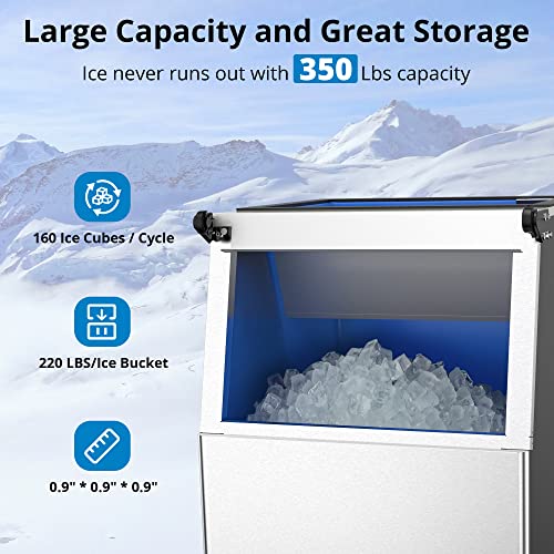 Zstar Commercial Ice Machine, 350 Lbs/24H Ice Maker Machine with 220 Lbs Ice Storage, Industrial Air Cooled Modular Ice Machine, Freestanding Stainless Steel Ice Maker for Commercial and Home Use