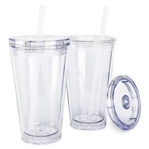 maars classic acrylic tumbler with lid and straw | 16oz premium insulated iced coffee cups, double wall reusable plastic cups - clear, 2 pack