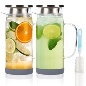 cucumi 2pcs 35oz glass water pitcher with stainless steel lid and spout, 1 liter glass carafe with handle heat resistant glass for iced tea, coffee, milk, juice