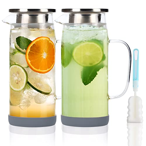 CUCUMI 2pcs 35oz Glass Water Pitcher with Stainless Steel Lid and Spout, 1 Liter Glass Carafe with Handle Heat Resistant Glass for Iced Tea, Coffee, Milk, Juice