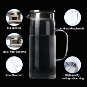 CUCUMI 2pcs 35oz Glass Water Pitcher with Stainless Steel Lid and Spout, 1 Liter Glass Carafe with Handle Heat Resistant Glass for Iced Tea, Coffee, Milk, Juice