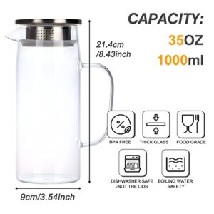 CUCUMI 2pcs 35oz Glass Water Pitcher with Stainless Steel Lid and Spout, 1 Liter Glass Carafe with Handle Heat Resistant Glass for Iced Tea, Coffee, Milk, Juice