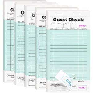 5 pack server note pads, guest check books for servers, guest checks notepad for waiter waitress servers, waitress notepad for restaurants food order, 50 sheets/pad, green guest check