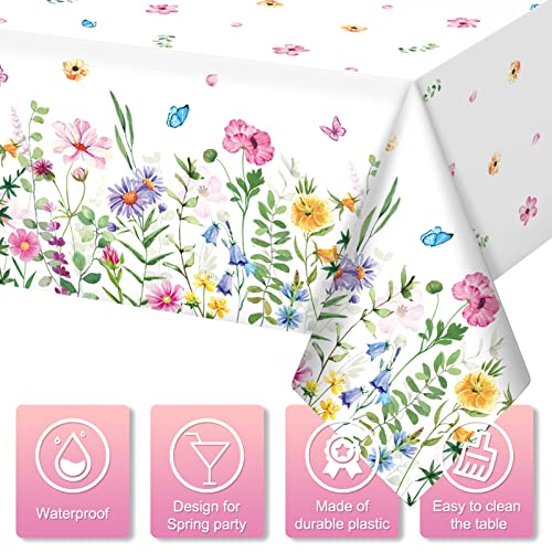 4Pcs Spring Floral Plastic Tablecloth,Pink Purple Blue Flower Butterfly Disposable Table Cover for Home Decor Summer Spring Picnic Dining Holiday Weeding Birthday Tea Party Decorations,54x108 Inch