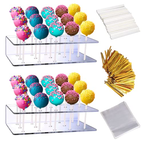 Aongch 2PCS Cake Pop Display Stand with 300 PCS Cake Pop Sticks and Wrappers Kit, 15 Hole Clear Acrylic Lollipop Holder for Weddings Birthday Parties Anniversaries Halloween Candy Decorative