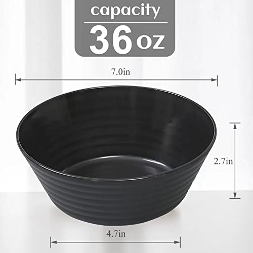 DUOLUV Cereal Bowls 36 OZ, Set of 12 Unbreakable Wheat Straw Plastic Serving Snack Bowls Dishwasher Microwave Safe Reusable Large Soup Dessert Bowls for Kitchen Parties Camping Black Gray