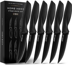 home hero steak knife set, steak knives set of 6 - serrated steak knives - ultra-sharp high carbon stainless steel knives with ergonomic handles