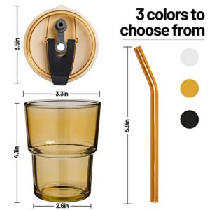 cosnou 13 OZ/400ML Ice Coffee Glass Tumbler with Straw and Lid Sealed Carry On, Thick Wall Water Glass Cup Mug Tea （Amber）