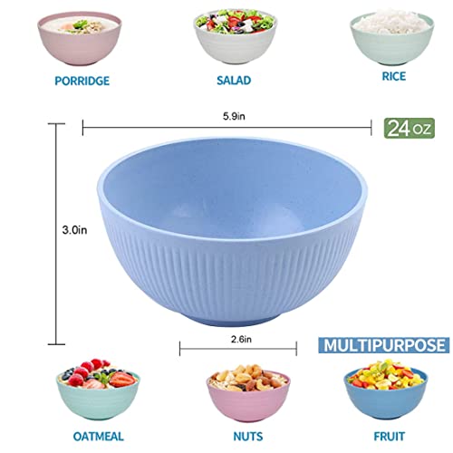 Unbreakable Cereal Bowls 24 OZ, Wheat Straw Bowls Reusable (Set of 6) Microwave and Dishwasher Safe BPA-Free Eco-Friendly Plastic Bowl Assorted Bowls for Serving Soup, Oatmeal,Salad and Fruit