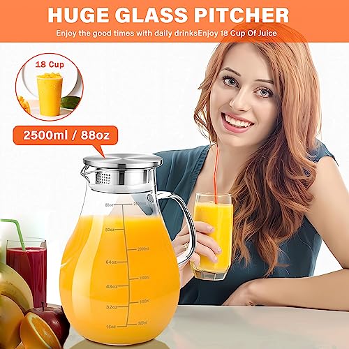 Glass Pitcher with Lid, 88 oz/2500ml Glass Water Pitcher with Precise Scale Line, Hot/Cold Water Jug, Iced Tea, Juice, Milk, Coffee, Lemonade Beverage Carafe with Lid