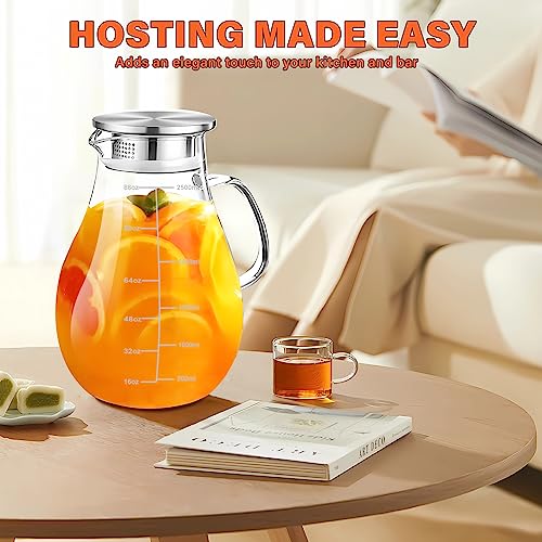 Glass Pitcher with Lid, 88 oz/2500ml Glass Water Pitcher with Precise Scale Line, Hot/Cold Water Jug, Iced Tea, Juice, Milk, Coffee, Lemonade Beverage Carafe with Lid