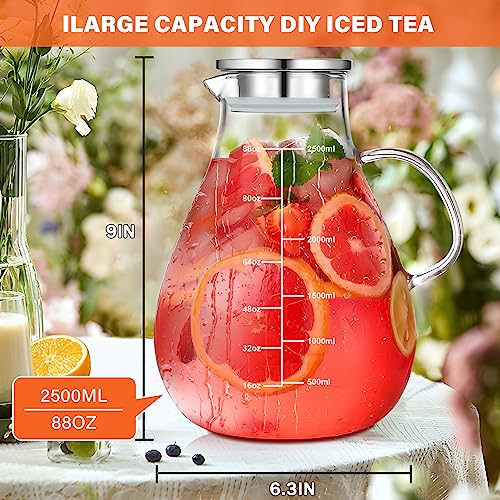 Glass Pitcher with Lid, 88 oz/2500ml Glass Water Pitcher with Precise Scale Line, Hot/Cold Water Jug, Iced Tea, Juice, Milk, Coffee, Lemonade Beverage Carafe with Lid