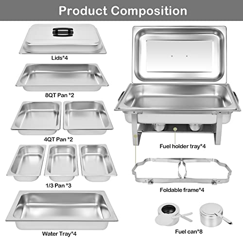 ORNKAT Chafing Dish Buffet Set[4 Pack] 8QT Stainless Steel Buffet Chafers,Catering Food Warmers Set With 7 Trays