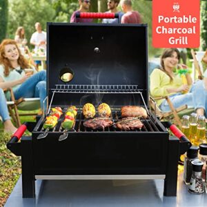 FEASTO Portable Charcoal Grill with Two Silicone Holding Handles, Tabletop grilling with 354 Square Inches Cooking Area, Convenient for outdoor Camping and Picnic, Black，L26.8’’x W20’’x H21.3’’