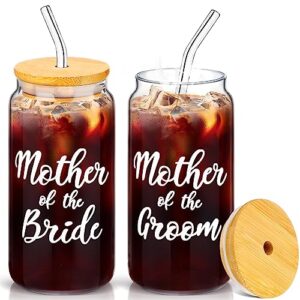 2 sets mother of the groom glass cups with lids and straws, mother of the bride 16 oz iced coffee cups, wedding gifts for bride and groom (mother)