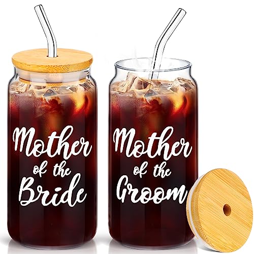 2 Sets Mother of The Groom Glass Cups with Lids and Straws, Mother of The Bride 16 oz Iced Coffee Cups, Wedding Gifts for Bride and Groom (Mother)