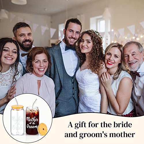 2 Sets Mother of The Groom Glass Cups with Lids and Straws, Mother of The Bride 16 oz Iced Coffee Cups, Wedding Gifts for Bride and Groom (Mother)