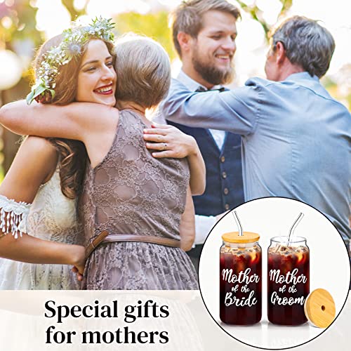 2 Sets Mother of The Groom Glass Cups with Lids and Straws, Mother of The Bride 16 oz Iced Coffee Cups, Wedding Gifts for Bride and Groom (Mother)