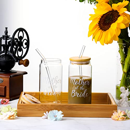 2 Sets Mother of The Groom Glass Cups with Lids and Straws, Mother of The Bride 16 oz Iced Coffee Cups, Wedding Gifts for Bride and Groom (Mother)