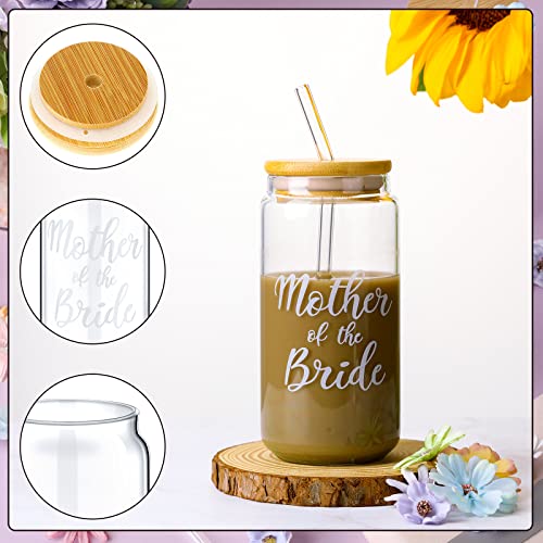 2 Sets Mother of The Groom Glass Cups with Lids and Straws, Mother of The Bride 16 oz Iced Coffee Cups, Wedding Gifts for Bride and Groom (Mother)