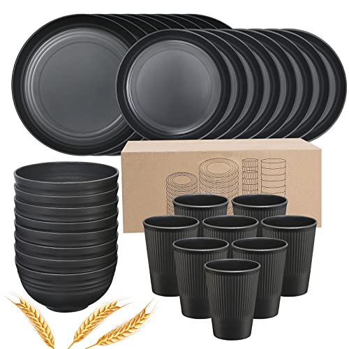 DUOLUV Plates and Bowls Sets for 8, 32-Piece Kitchen Dinnerware Set for 8 Tableware Wheat Straw Dinner Plates, Dessert Plates, Bowls and Cups, Dishes Set for Home Parties Camping - Black