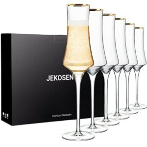 JEKOSEN NEW Champagne Flutes Glasses 8oz Set of 6 Clear Crystal Lead-Free Stemware Champagne Glass With Gold Rim