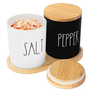 alpiriral salt and pepper bowls, salt and pepper holder set with bamboo tray, salt container with bamboo lid, black and white salt cellar, salt box for countertop, farmhouse kitchen decor, set of 2