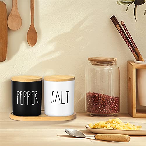 ALPIRIRAL Salt and Pepper Bowls, Salt and Pepper Holder Set with Bamboo Tray, Salt Container with Bamboo Lid, Black and White Salt Cellar, Salt Box for Countertop, Farmhouse Kitchen Decor, Set of 2