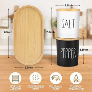 ALPIRIRAL Salt and Pepper Bowls, Salt and Pepper Holder Set with Bamboo Tray, Salt Container with Bamboo Lid, Black and White Salt Cellar, Salt Box for Countertop, Farmhouse Kitchen Decor, Set of 2