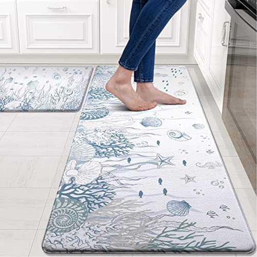 ASPMIZ Kitchen Mat Anti Fatigue 2 Piece, Beach Kitchen Rugs for Floor, Cushioned Kitchen Runner Mat Non Skid Washable, Waterproof Memory Foam Comfort Mat for Home Sink, 18'' x 48'' + 18'' x 30'' White