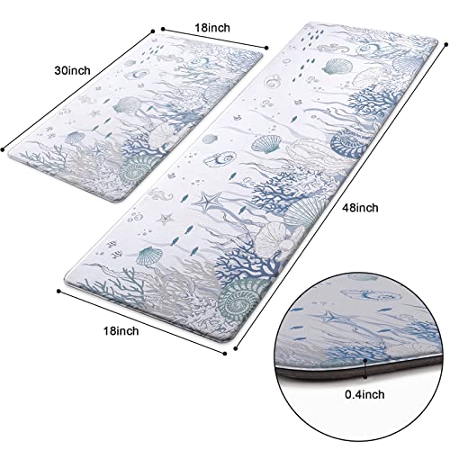 ASPMIZ Kitchen Mat Anti Fatigue 2 Piece, Beach Kitchen Rugs for Floor, Cushioned Kitchen Runner Mat Non Skid Washable, Waterproof Memory Foam Comfort Mat for Home Sink, 18'' x 48'' + 18'' x 30'' White