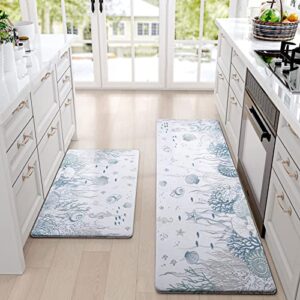 ASPMIZ Kitchen Mat Anti Fatigue 2 Piece, Beach Kitchen Rugs for Floor, Cushioned Kitchen Runner Mat Non Skid Washable, Waterproof Memory Foam Comfort Mat for Home Sink, 18'' x 48'' + 18'' x 30'' White