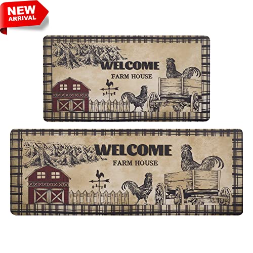 ASPMIZ Farmhouse Kitchen Mat Set Anti Fatigue 2 Piece, Non-Skid Waterproof Kitchen Mats and Rugs Cushioned, Washable Kitchen Rug Chicken Floor Comfort Mats for Kitchen Home, 18'' x 48'' + 18'' x 30''