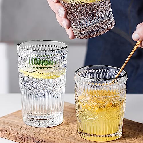 Vintage Drinking Glasses, Romantic Drinking Glasses Set of 8, 4 Highball Glasses 13 oz and 4 Rocks Glasses 9 oz, Textured Striped Drinking Glasses, Vintage Glassware Set for Juice, Beverages, Cocktail