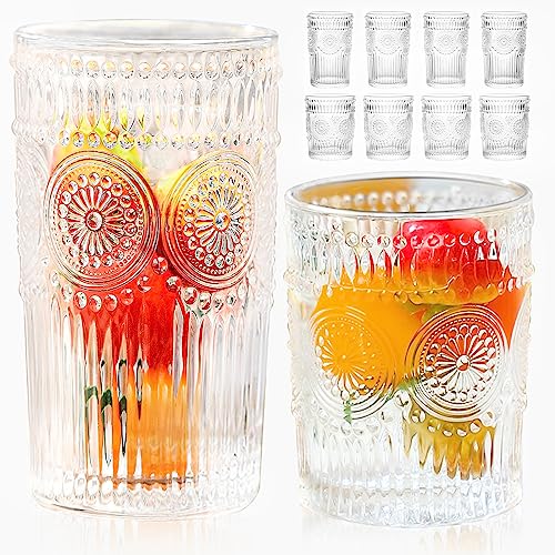 Vintage Drinking Glasses, Romantic Drinking Glasses Set of 8, 4 Highball Glasses 13 oz and 4 Rocks Glasses 9 oz, Textured Striped Drinking Glasses, Vintage Glassware Set for Juice, Beverages, Cocktail