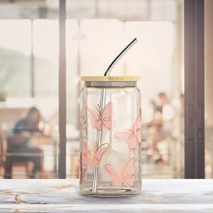 Iced Coffee Cup with Bamboo Lids and Straws | 16 oz Mason Jar Cups & Iced Coffee Tumbler with Lid and Straw | Glass Cups for Iced Coffee, Boba Cup | Beer Can Glass & Smoothie Cup - Butterfly