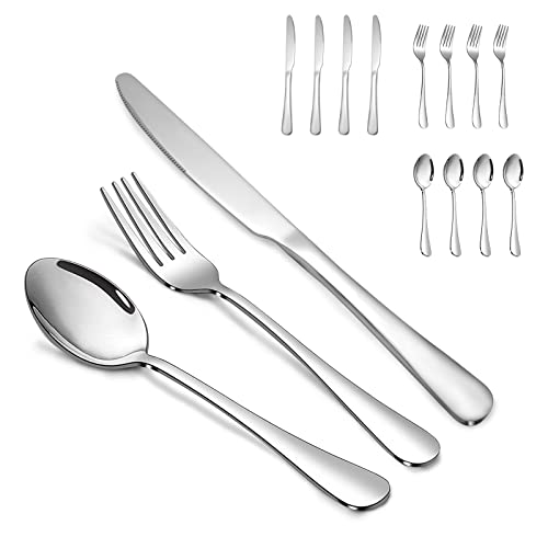 SANTUO Stainless Steel Knives Spoon Forks Set of 12, 4-Piece 9" Dinner Knives + 4-Piece 7.3" Table Spoons + 4-Piece 7.3" Salad Forks, Mirror Polished & Dishwasher Safe Silverware Set