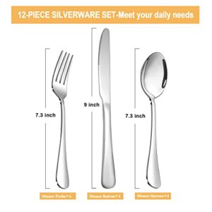 SANTUO Stainless Steel Knives Spoon Forks Set of 12, 4-Piece 9" Dinner Knives + 4-Piece 7.3" Table Spoons + 4-Piece 7.3" Salad Forks, Mirror Polished & Dishwasher Safe Silverware Set
