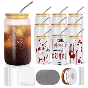 askiz 10 pack sublimation glass blanks with bamboo lid and straw-16oz frosted sublimation beer can glass-sublimation glass cups,sublimation glass tumblers for iced coffee juice soda drinks