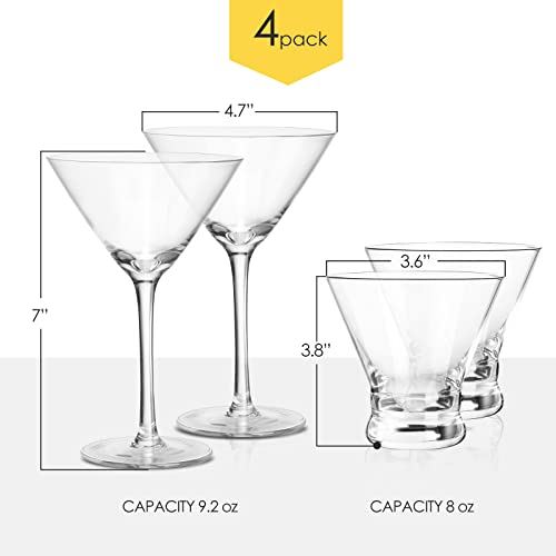 VENVENWEAVS Martini Glasses Set of 4, Hand-blown Crystal Cocktail Glasses for Espresso Martini,Cosmopolitan,Manhattan,Gimlet,Home Bar,Cocktail Party,Stemless Martini Glassware Gift Set