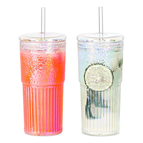 QWEZXO High Borosilicate Glass Cups With Lids and Glass Straws，20 OZ Rainbow Iced Coffee Water Tumbler Smoothie