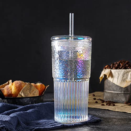 QWEZXO High Borosilicate Glass Cups With Lids and Glass Straws，20 OZ Rainbow Iced Coffee Water Tumbler Smoothie