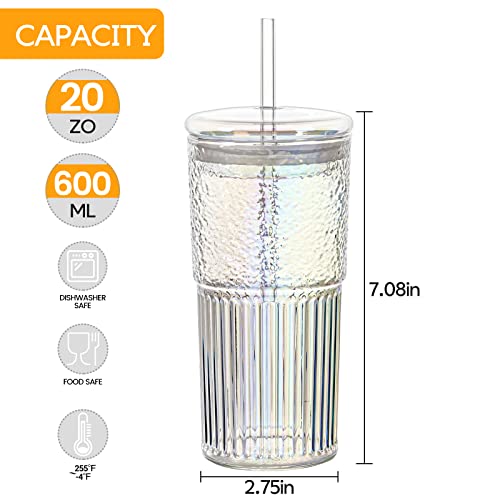 QWEZXO High Borosilicate Glass Cups With Lids and Glass Straws，20 OZ Rainbow Iced Coffee Water Tumbler Smoothie